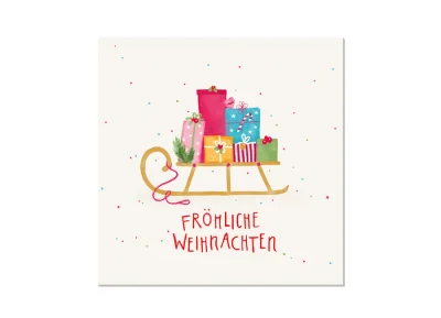 Quadratische Klappkarte mit Briefumschlag. Motiv: Weihnachtsschlitten